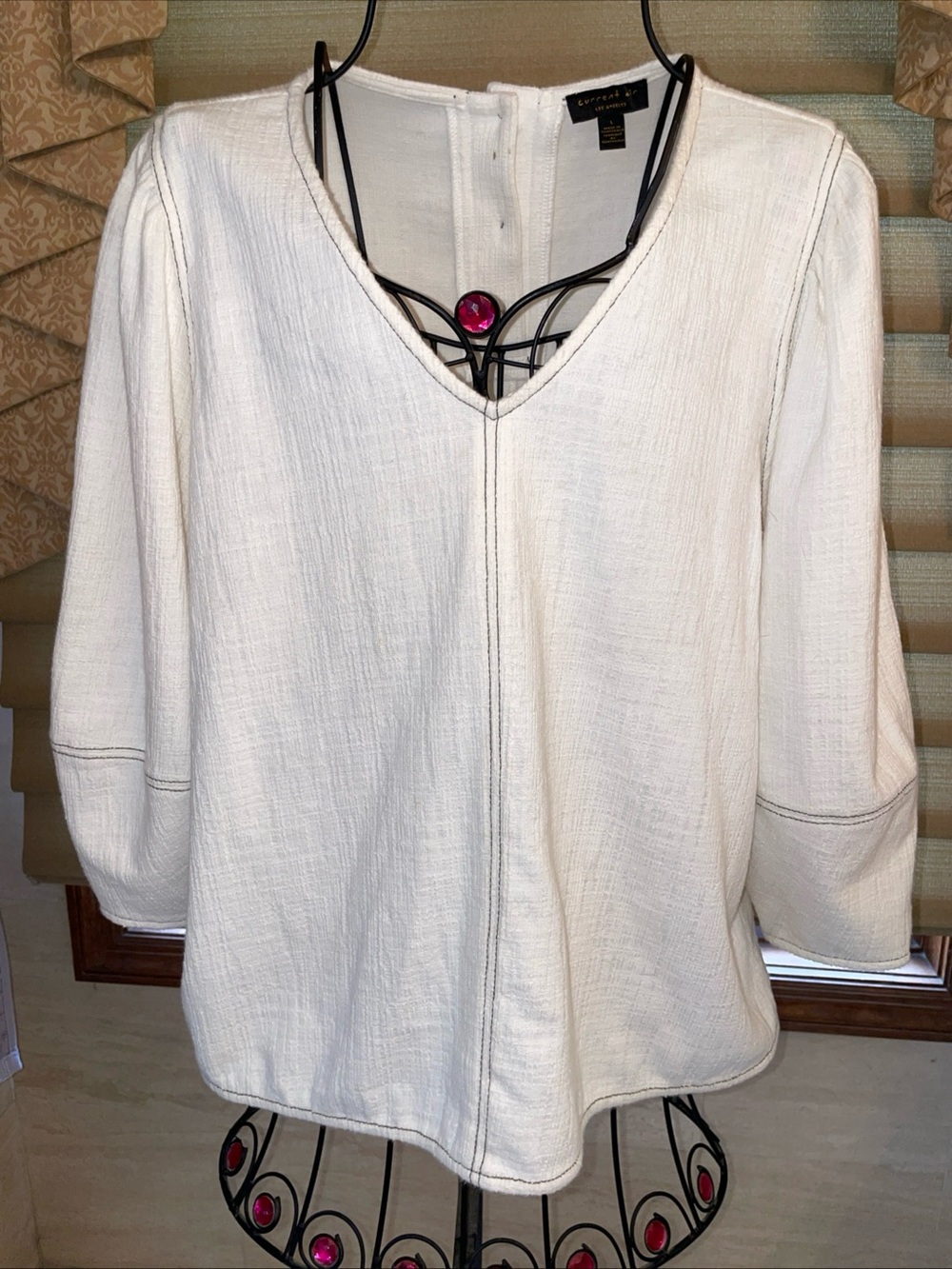 Current Air Los Angeles Ivory 3/4 Sleeve Blouse Brown Stitching Boho Size Large